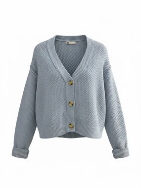 SO Pale Blue Chunky V-Neck Button Cardigan